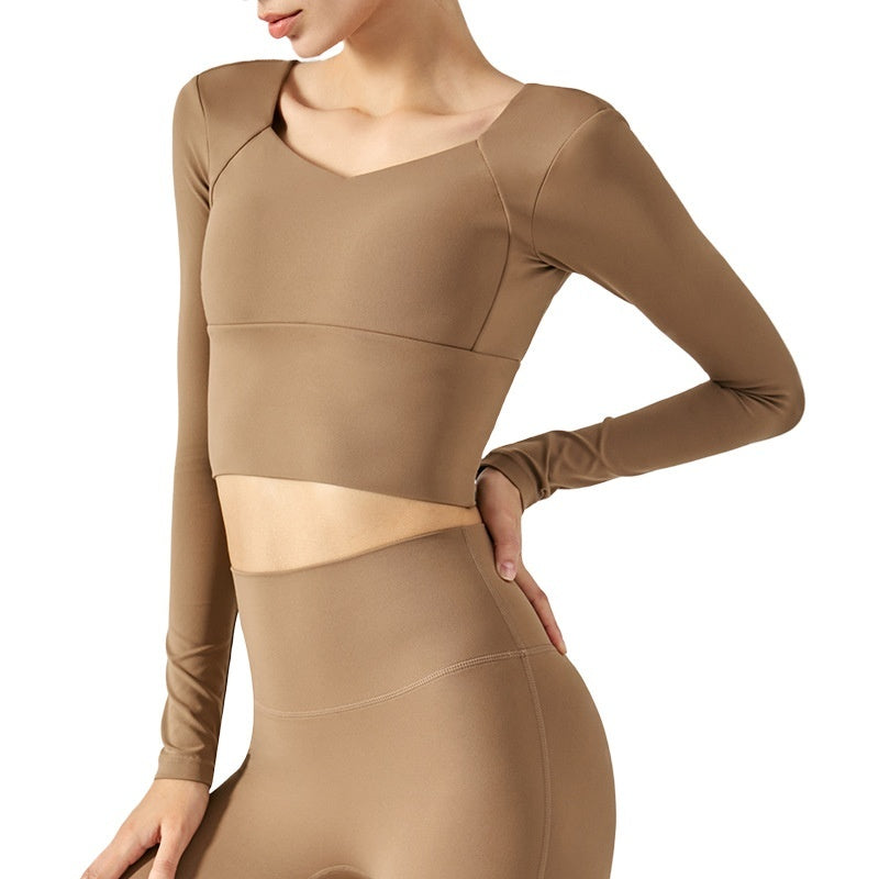 Comfortable Women's Long Sleeve Activewear Crop Top with Built-in Chest Pad for Workout and Yoga