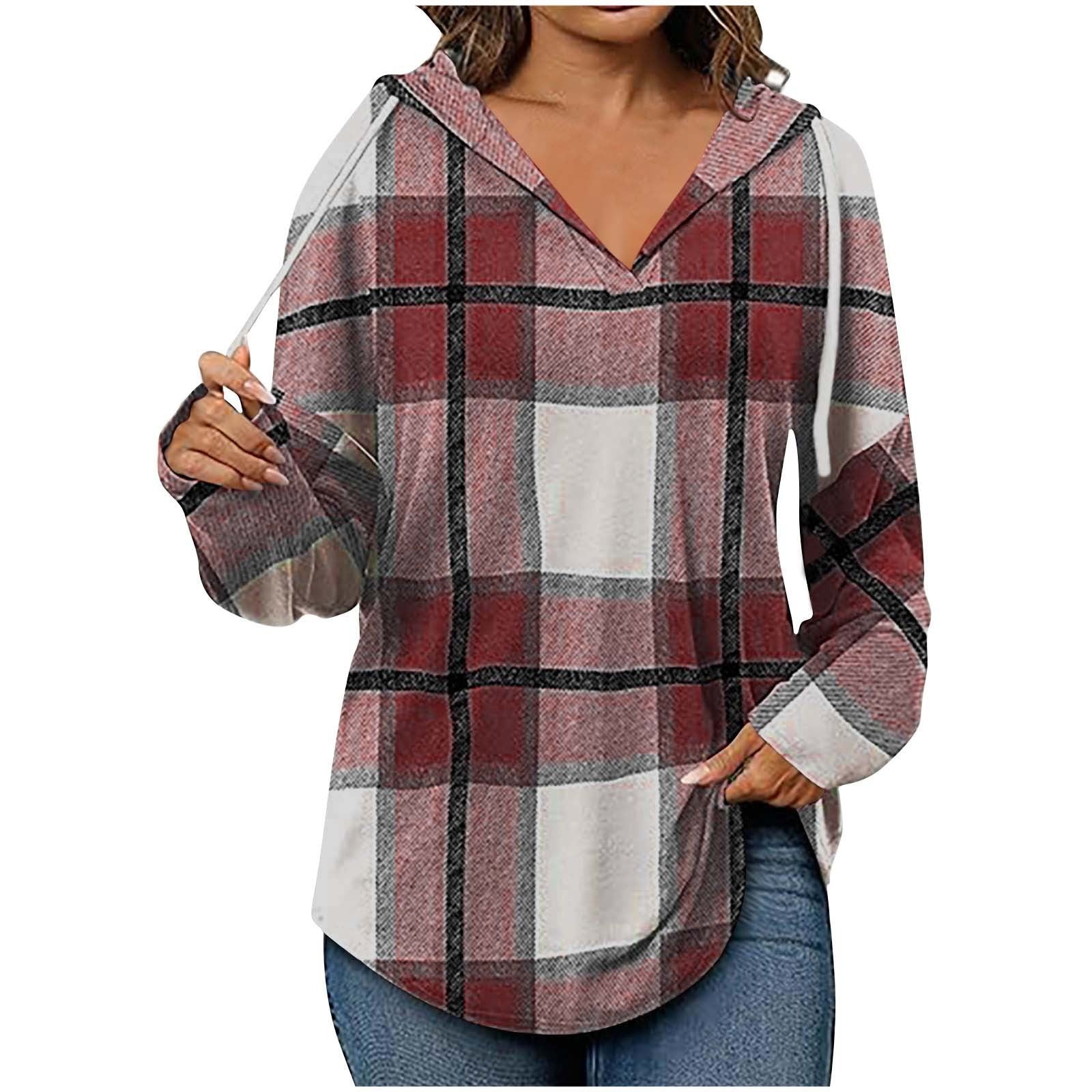 Casual Plaid Long Sleeve Hooded Pullover with Adjustable V-Neck Drawstring
