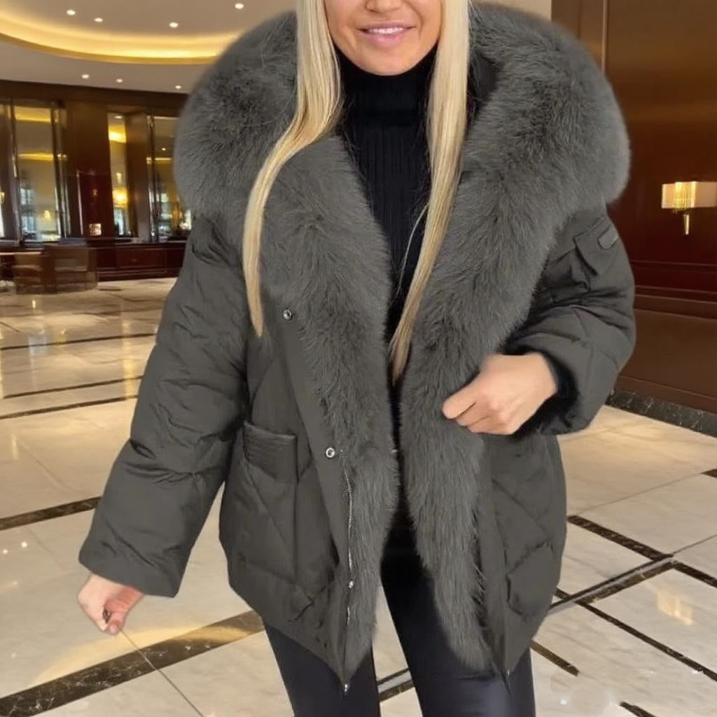 Cozy Mid Length Puffer Jacket with Plush Faux Fur Hood Winter Outerwear