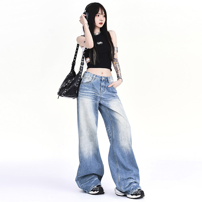 Washed-Out Denim Wide-Leg Jeans - Loose Fit Y2K Style