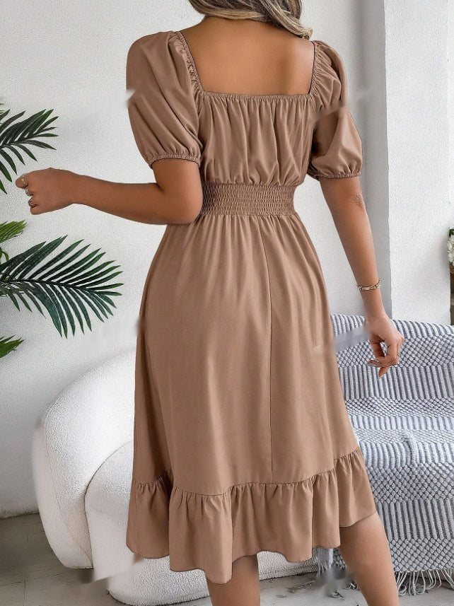 Effortless Spring Summer Casual Vacation Puff Sleeve Midi Dress with Ruffle Hem