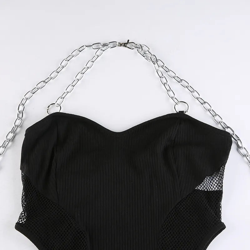Sleek Black Chain Halter Bodysuit with Mesh Sleeves