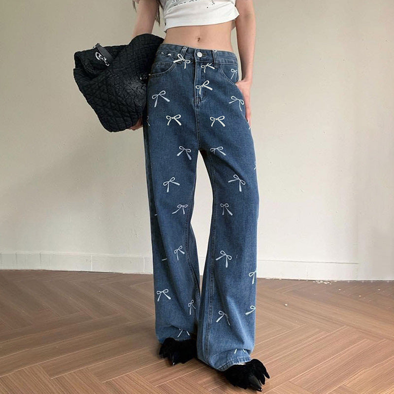 Cute Bow Print Baggy Jeans - Trendy Denim Chic