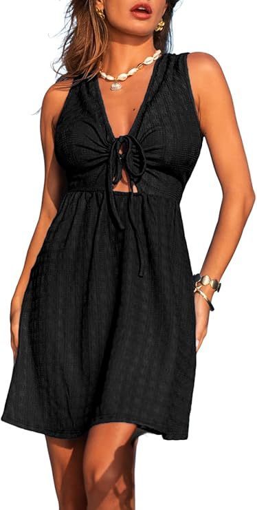 Effortless Summer V-neck A-Line Sleeveless Tie Front Mini Dress