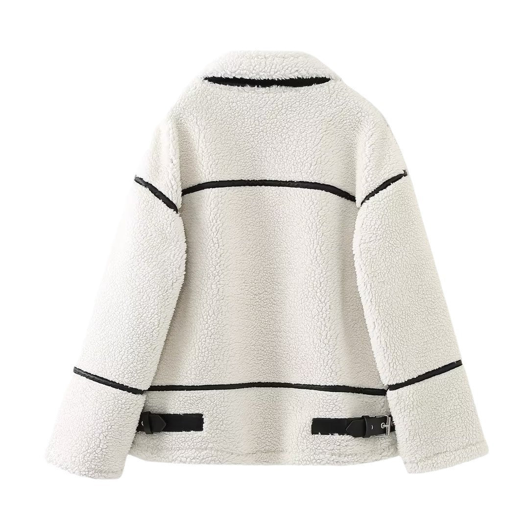 Chic Street Style Faux Shearling Patchwork Warm Zip Up Jacket