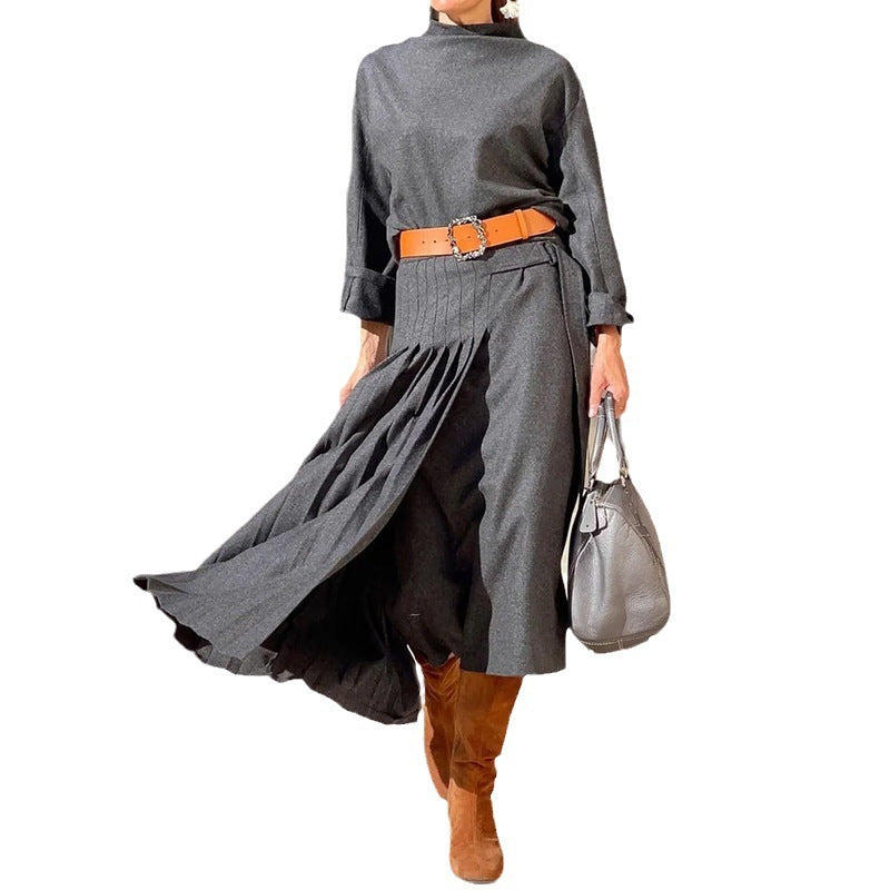 Elegant Long Sleeve Belted Pleated Midi Dress