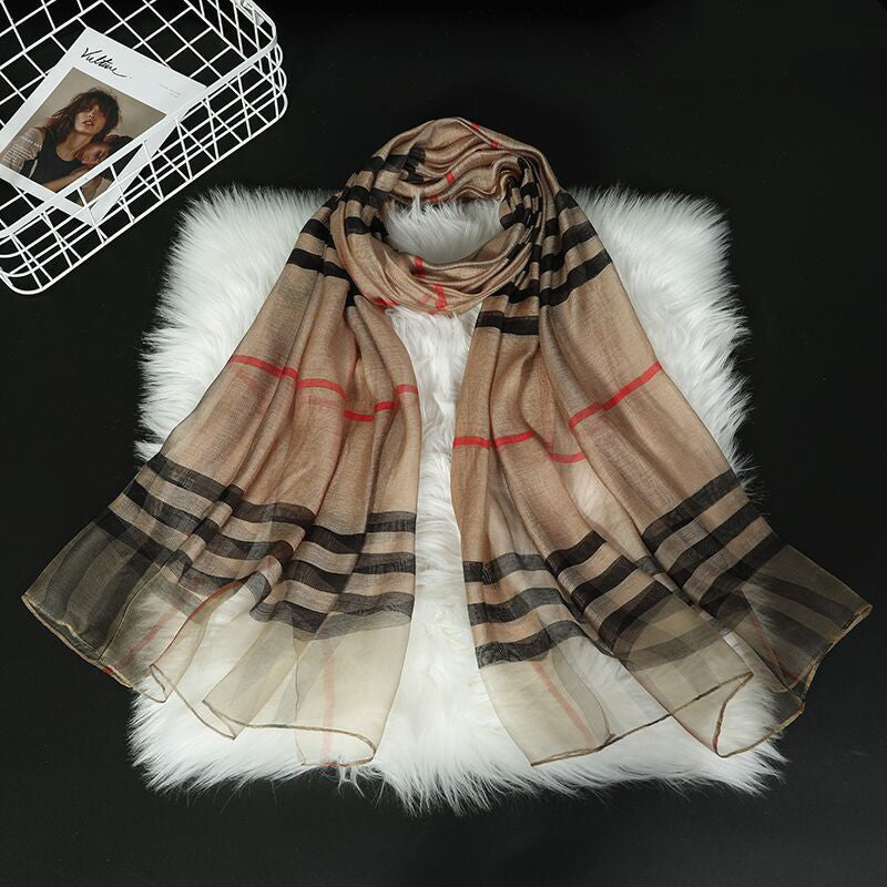Classic Plaid Silk Scarf for Women - Versatile Style
