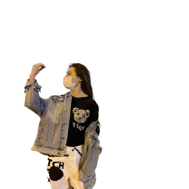 Street Style Oversized Denim Jacket with Rhinestone Lettering and Distressed Finish