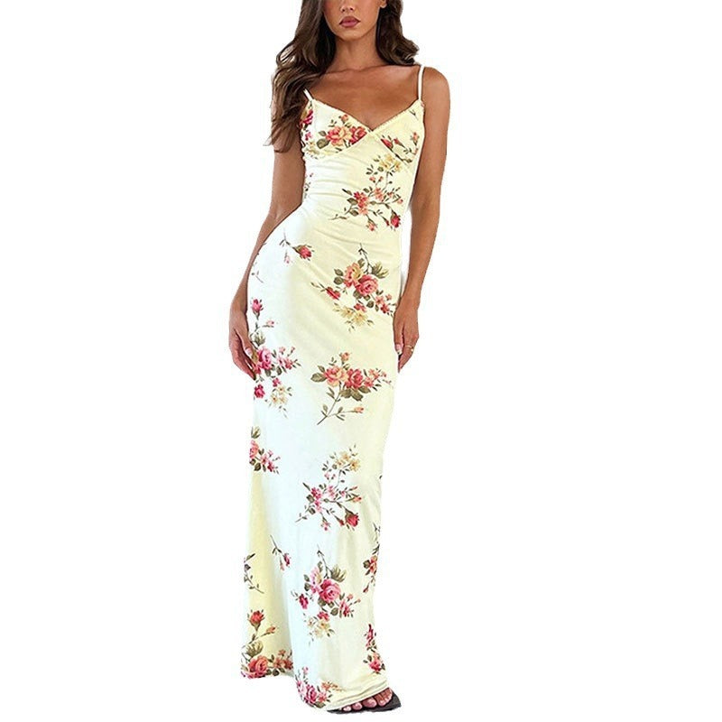 Elegant Floral Maxi Slip Dress - V-Neck Backless Summer Style