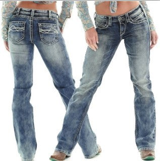 Women's Slim-Fit Embroidered Denim Jeans - Mid-Rise Distressed Style