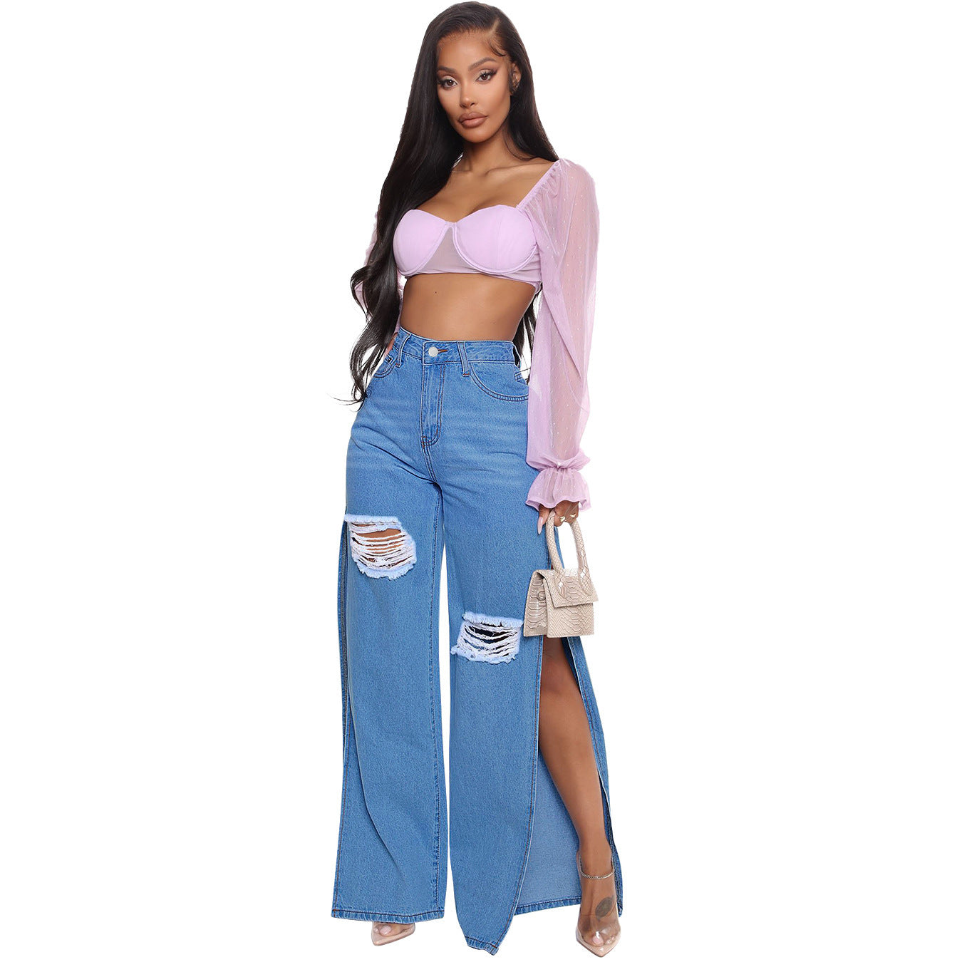 Sloane Ripped Slit Hem Wide-Leg Jeans