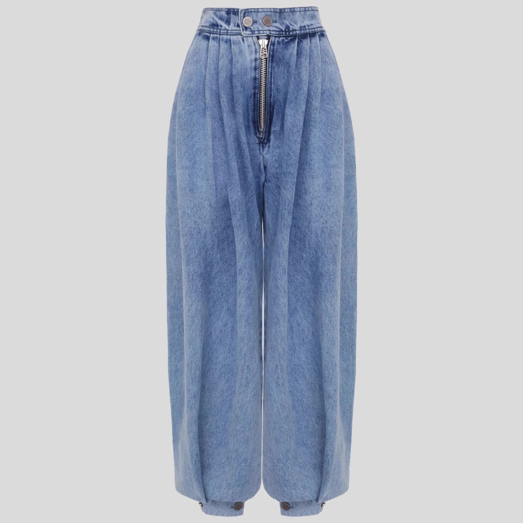 Effortlessly Chic High Waist Loose Fit Denim Harem Trousers with Front Zipper Detail