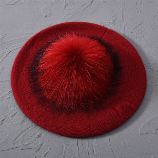 Women's Wool Beret with Real Raccoon Fur Pom Pom