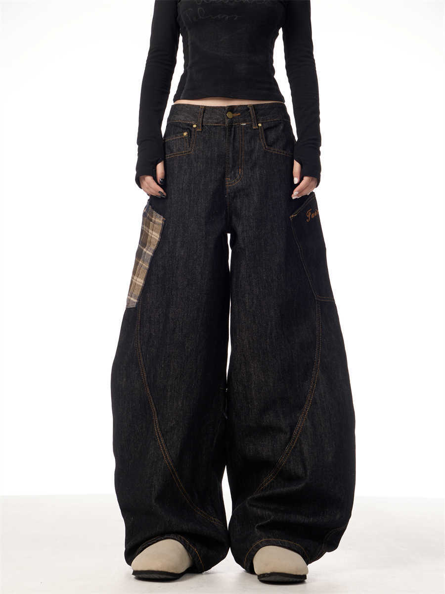 Retro Plaid Patch Wide-Leg Jeans for Women