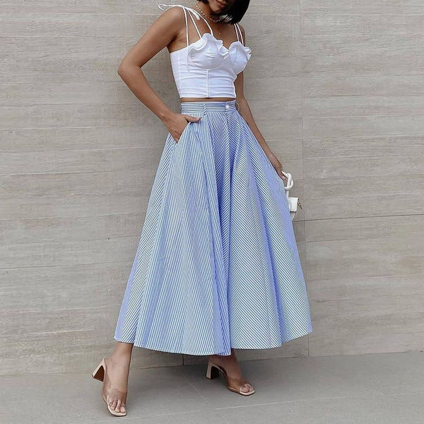 Effortless Striped High-Waist Flowy Maxi Skirt for Summer Chic