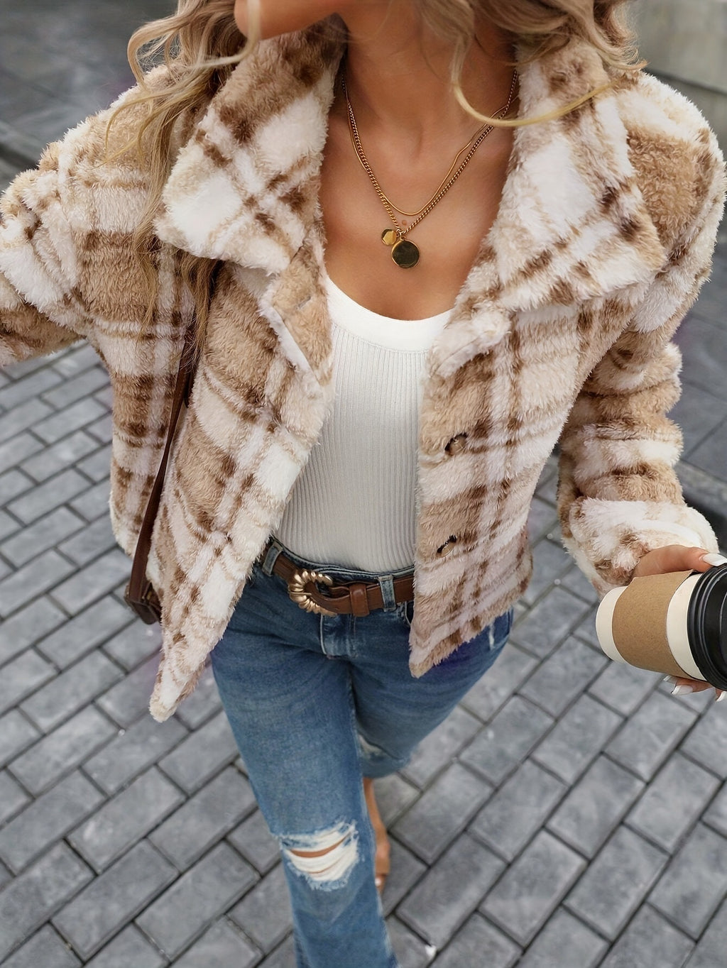 Cozy Plaid Plush Button Up Long Sleeve Cardigan Jacket