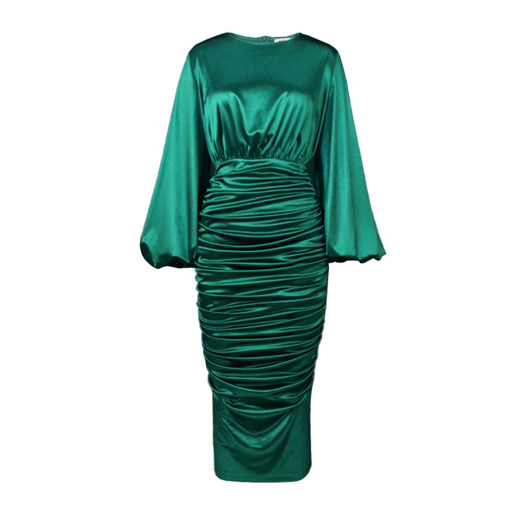 Elegant Green Ruched Midi Dress with Lantern Sleeves