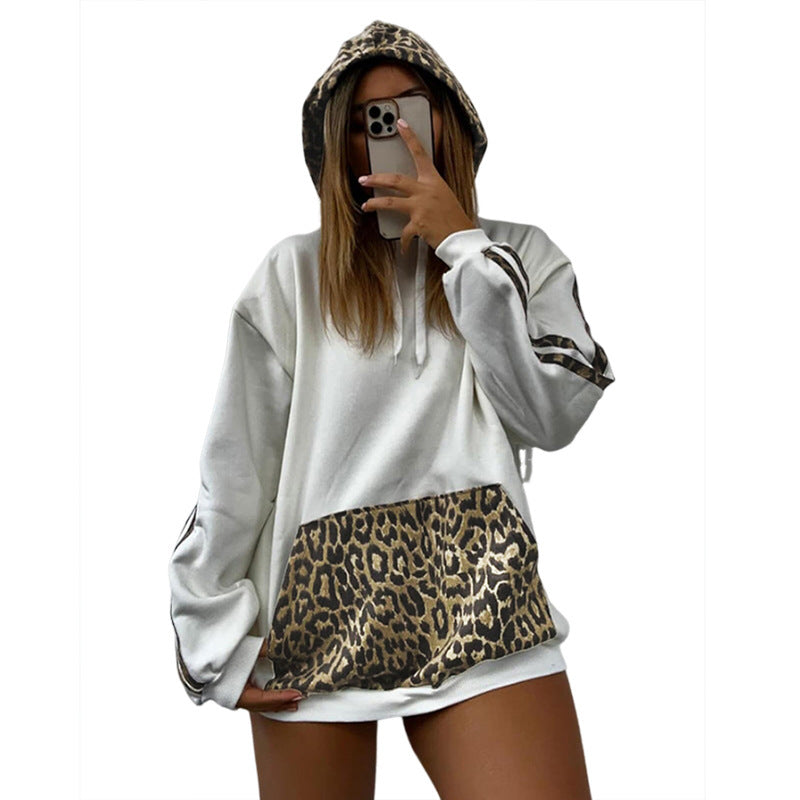 Chic Leopard Print Detail Relaxed Fit Casual Pullover Hoodie