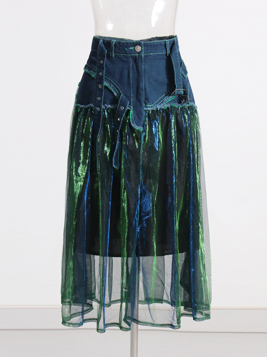 Fashion Forward Denim Tulle Midi Skirt with Adjustable Belted Waist