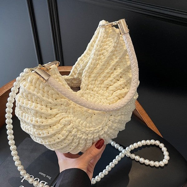 Handmade Woven Shell Handbag with Pearl Strap Unique Crochet Shoulder Bag