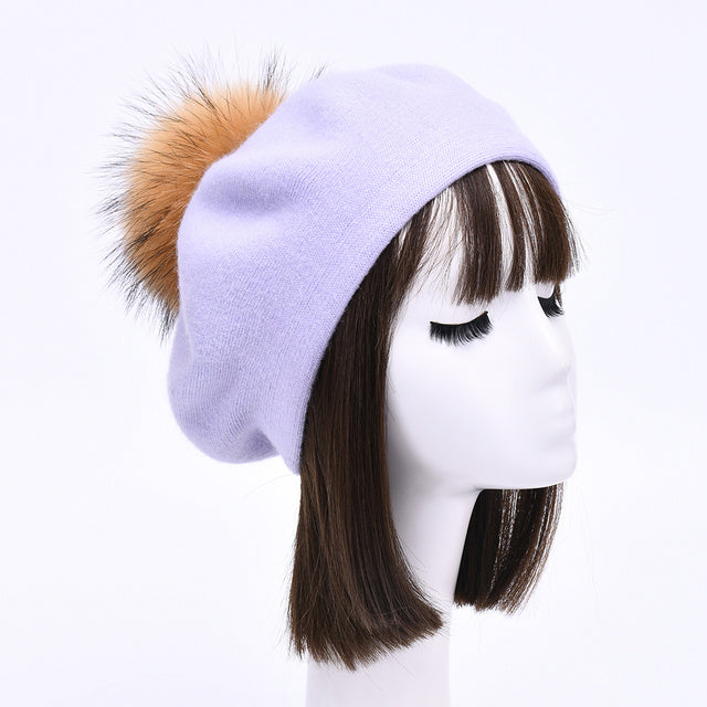 Women's Wool Beret with Real Raccoon Fur Pom Pom