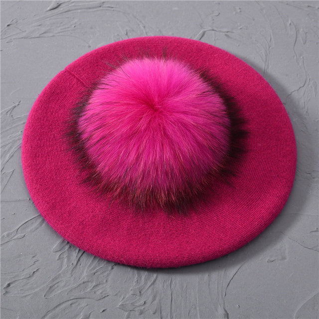 Women's Wool Beret with Real Raccoon Fur Pom Pom