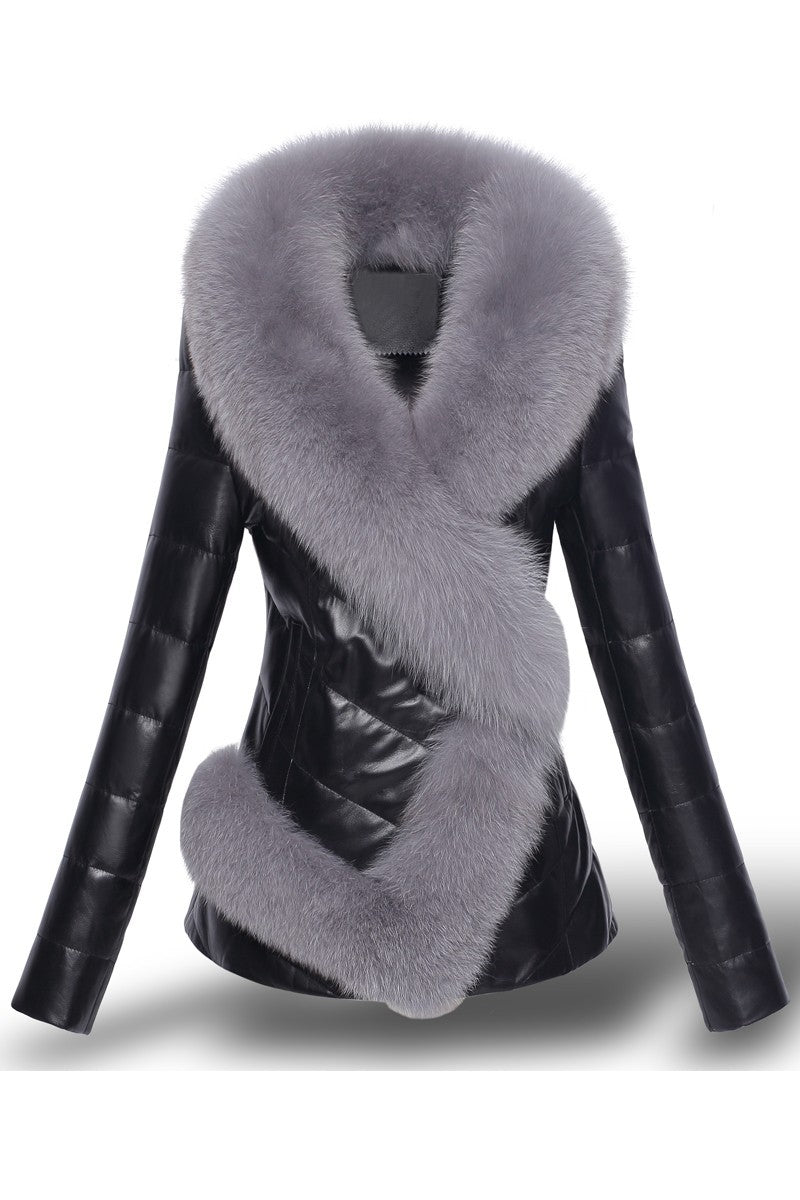 Stylish Faux Leather Quilted Jacket with Plush Faux Fur Collar