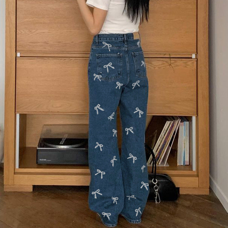 Cute Bow Print Baggy Jeans - Trendy Denim Chic