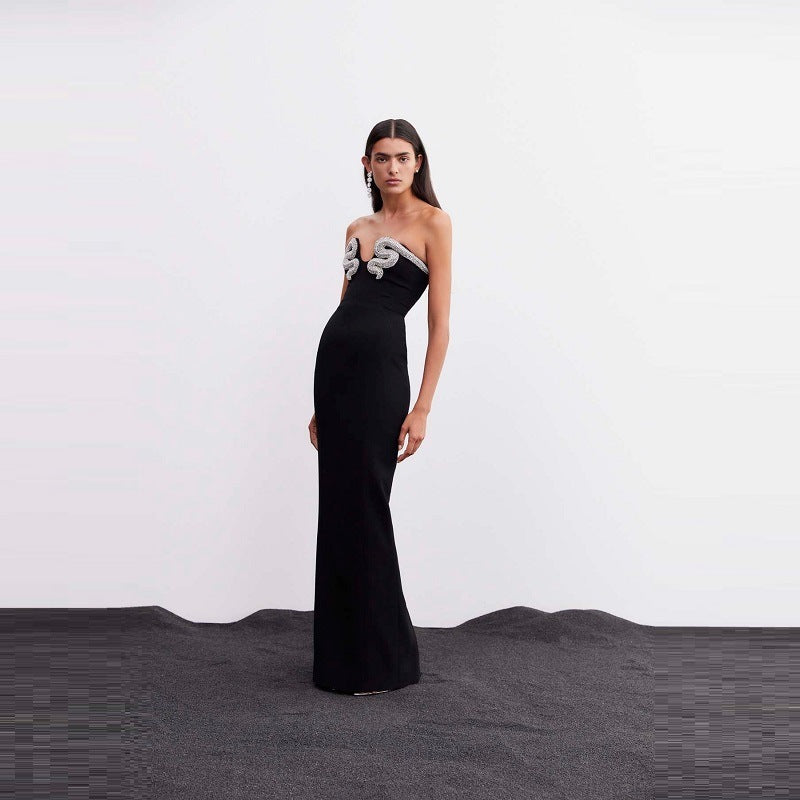 Black Strapless Rhinestone Embellished U-Neck Bodycon Maxi Dress