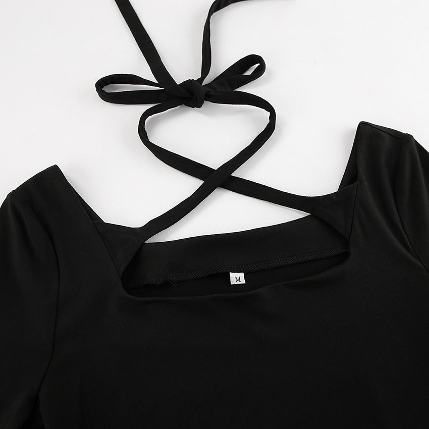 Chic Black Knitted Long Sleeve Mini Dress with Square Neckline and Lace Up Detail