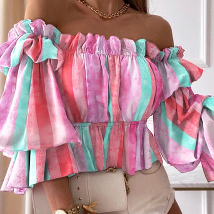Chic Floral Off-Shoulder Blouse with Ruffled Long Sleeves