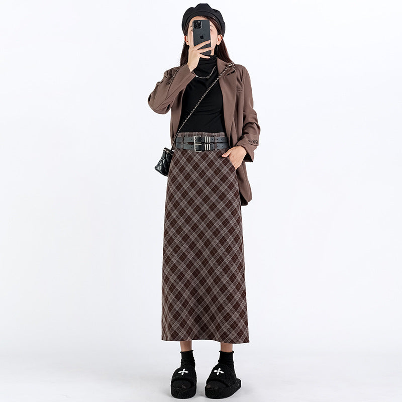 High Waist Plaid Split A Line Midi Skirt College Style