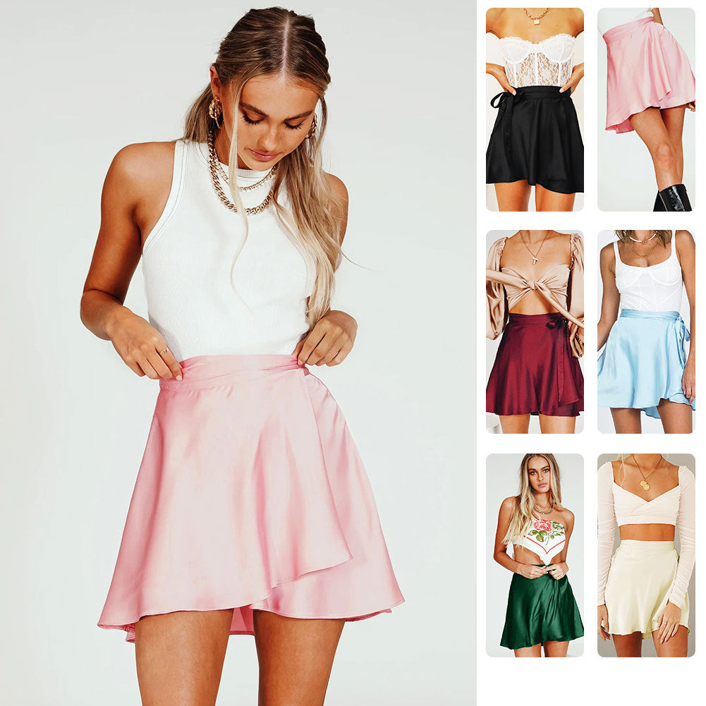 Elegant High Waist Satin A-Line Wrap Mini Skirt Flowy Summer Essential
