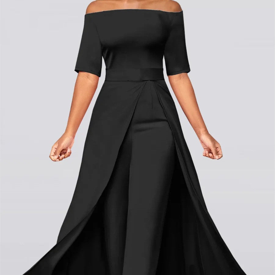Elegant Off Shoulder Black Jumpsuit with Flowy Wide Leg Overlay for Women