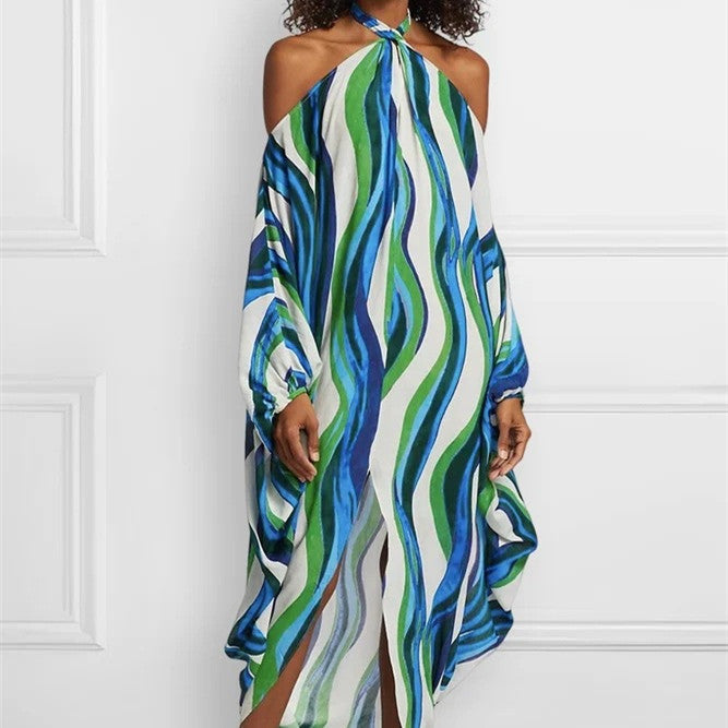 Vibrant Halter Neck Wavy Print Flowy Maxi Dress with Open Shoulder Sleeves