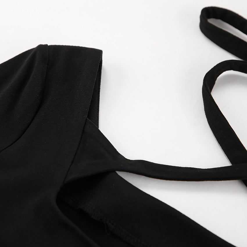 Chic Black Knitted Long Sleeve Mini Dress with Square Neckline and Lace Up Detail