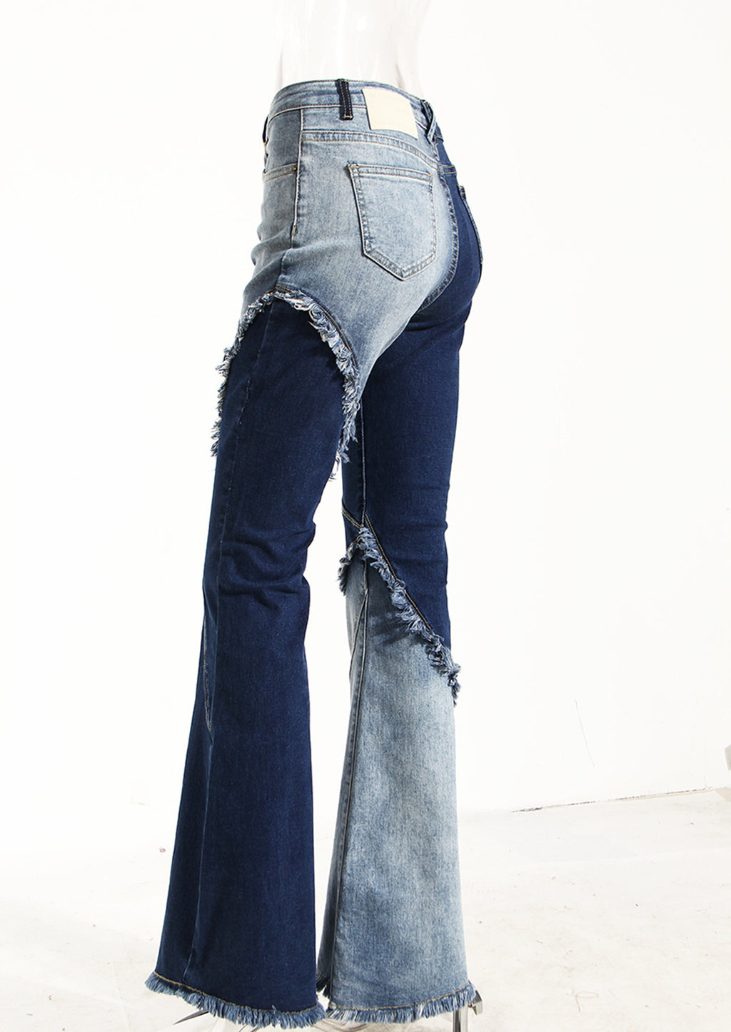 Two-Tone Flared Denim Jeans - High Waist Raw Edge