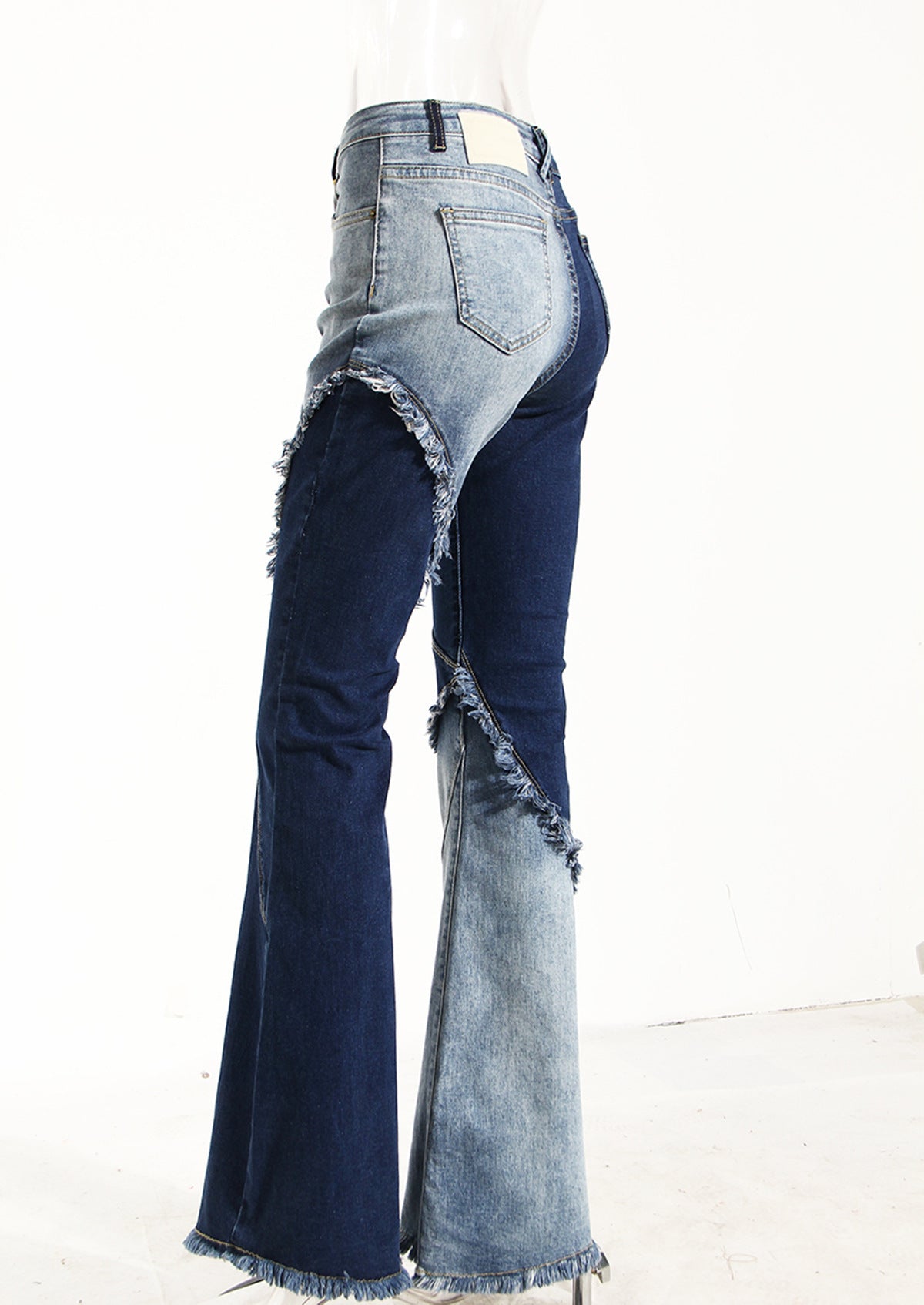 Two-Tone Flared Denim Jeans - High Waist Raw Edge