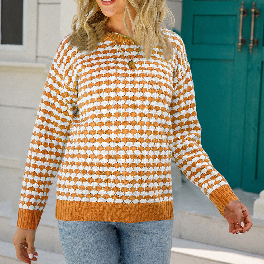 Stylish Round Neck Knitted Checkerboard Pattern Sweater for Everyday Comfort