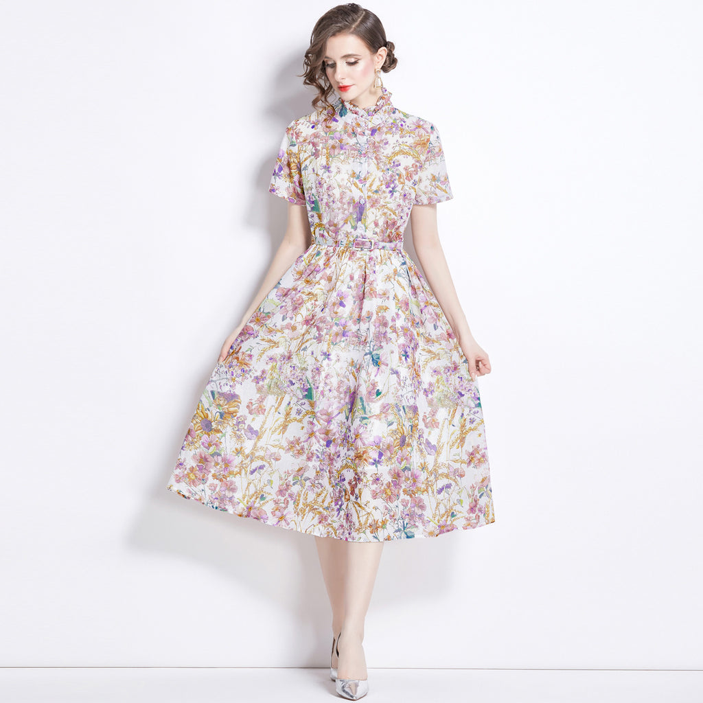 Elegant Floral Print Swing Midi Dress with a Refined Stand Collar and Belt