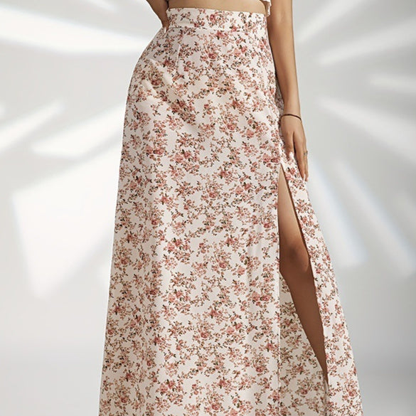 High Waist Floral Print Maxi Skirt with Elegant Side Slit