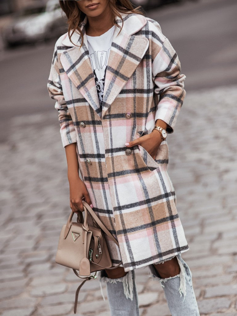 Chic Plaid Double-Breasted Long Coat for Women - Casual Winter Outerwear