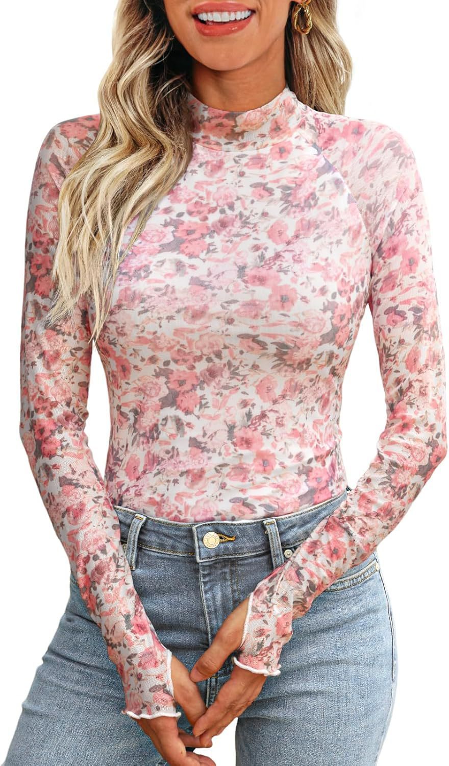 Elegant High Neck Floral Print Mesh Long Sleeve Pullover Top