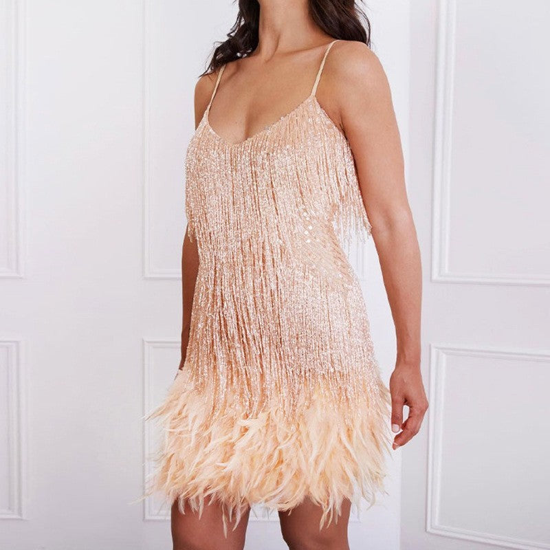 Glamorous Sequin Feather Mini Party Dress - V-Neck Spaghetti Strap