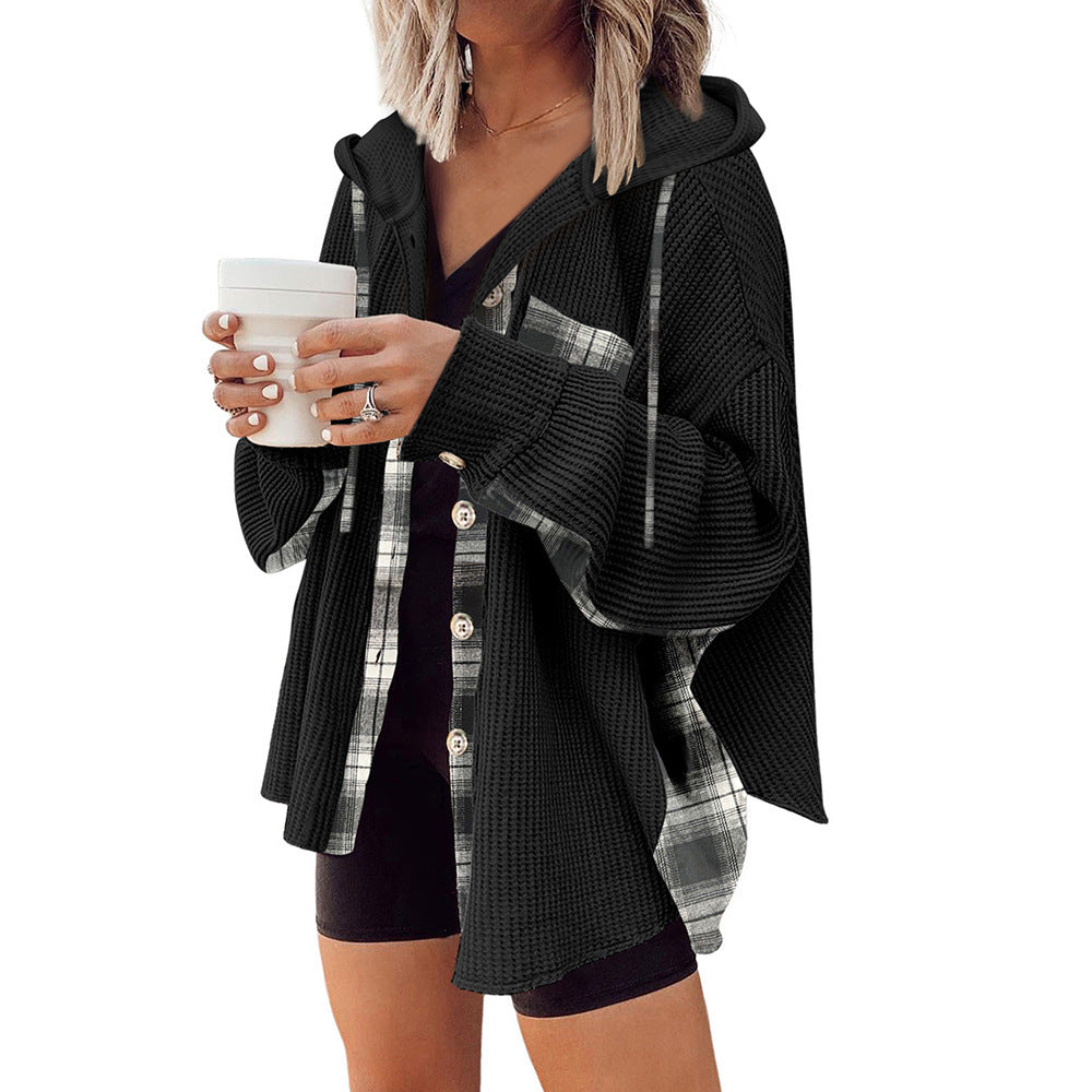 Effortless Plaid Hooded Waffle Knit Shacket for Casual Style