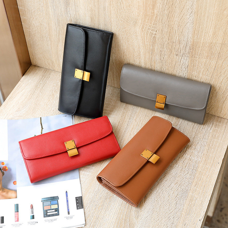 Elegant Cowhide Leather Folding Envelope Wallet with Magnetic Snap Closure