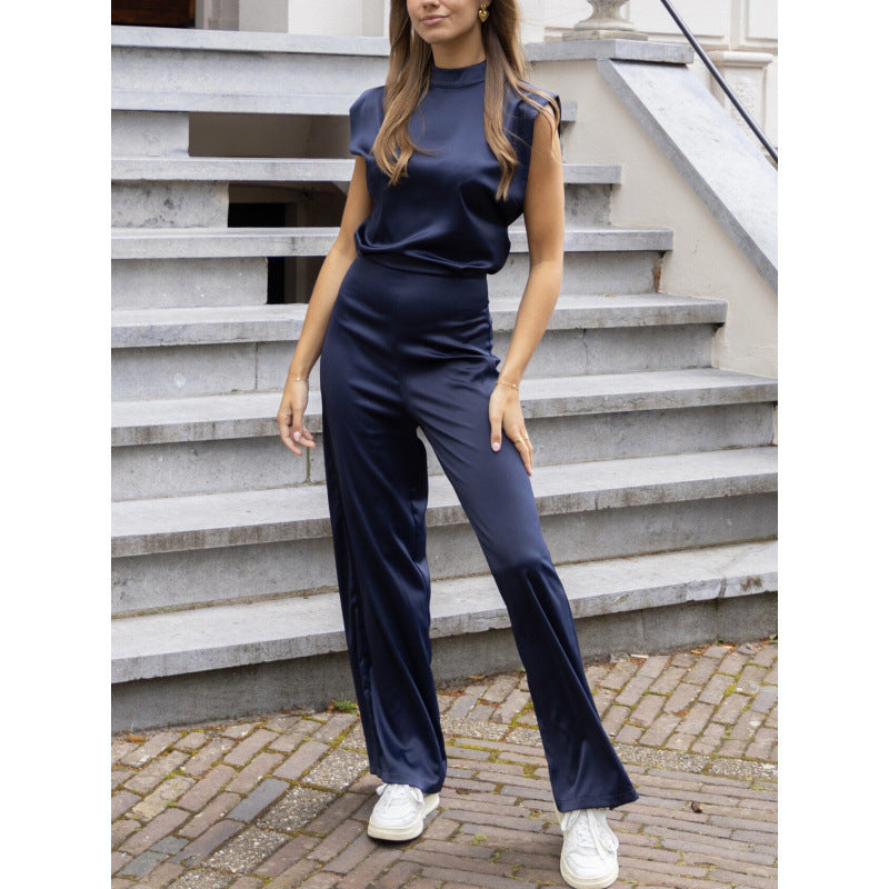 Elegant Satin Look Wide Leg Jumpsuit with Padded Shoulders and Chic Mock Neck Design