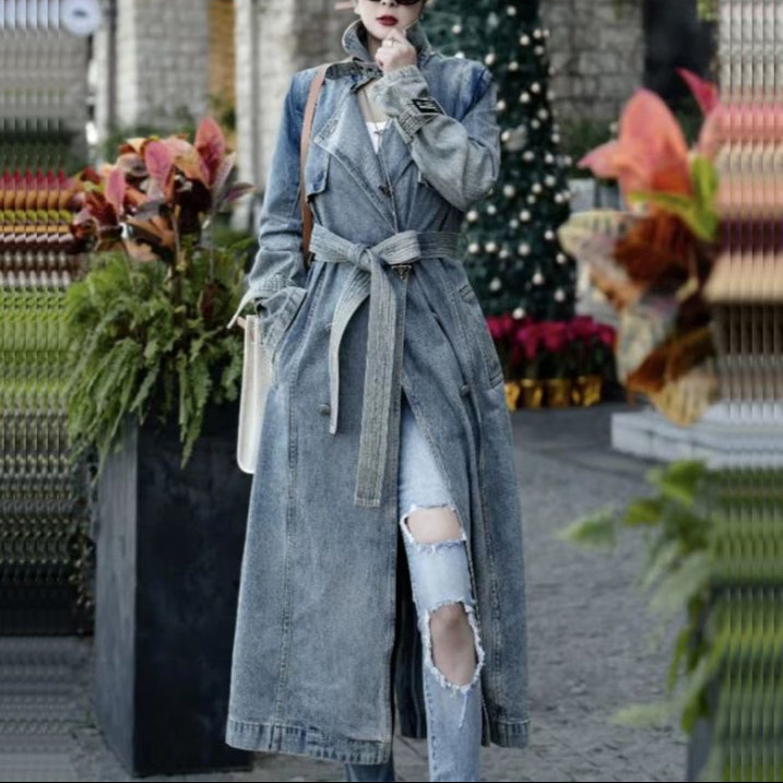 Retro Belted Denim Trench Coat