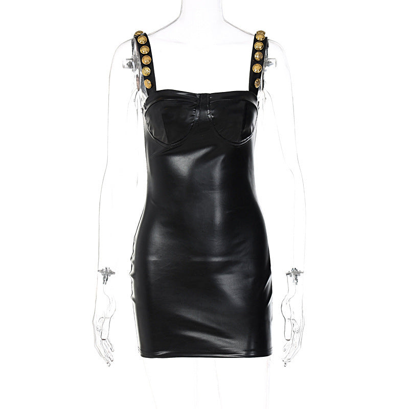 Sleek Faux Leather Bodycon Mini Dress with Gold Button Straps