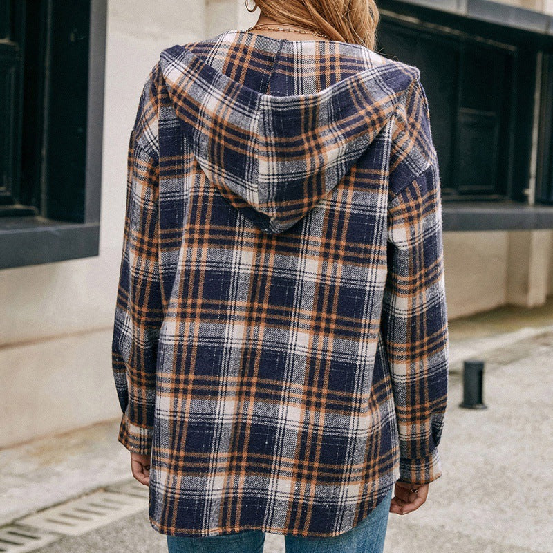 Loose Fit Plaid Hooded Long Sleeve Button Down Shacket